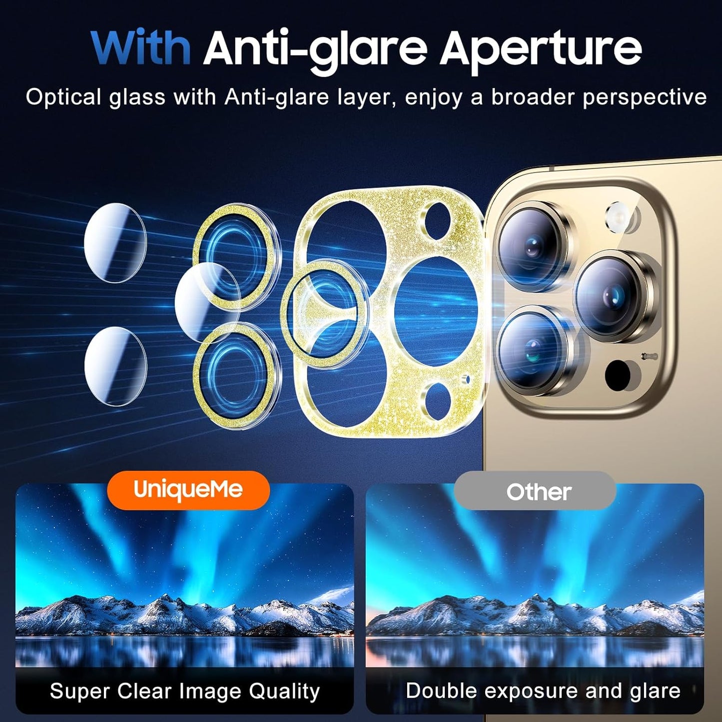 UniqueMe 3 Packs Compatible for iPhone 13 Pro Max/iPhone 13 Pro Camera Lens Protector Acrylic [Not Glass],[Case Friendly][Scratch-Resistant][Night Shooting Mode]-Glitter Golden