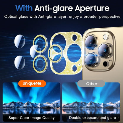 UniqueMe 3 Packs Compatible for iPhone 13 Pro Max/iPhone 13 Pro Camera Lens Protector Acrylic [Not Glass],[Case Friendly][Scratch-Resistant][Night Shooting Mode]-Glitter Golden