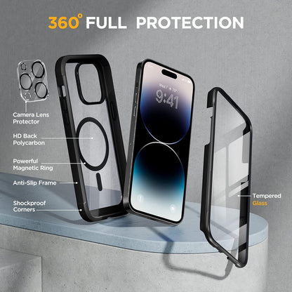 Miracase Glass Series Designed for iPhone 14 Pro Max Case 6.7 Inch, Upgrade Full-Body Magnetic Case with Built-in 9H Tempered Glass Screen Protector, with Camera Lens Protector, Magnetic Black