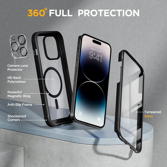 Miracase Glass Series Designed for iPhone 14 Pro Max Case 6.7 Inch, Upgrade Full-Body Magnetic Case with Built-in 9H Tempered Glass Screen Protector, with Camera Lens Protector, Magnetic Black