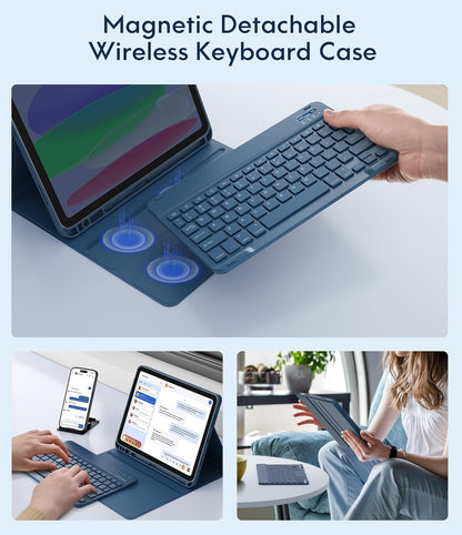 CHESONA Keyboard Case for iPad (A16) 11th/10th Generation (2025/2022), Detachable Wireless Keyboard, Stand Folio Keyboard Cover with Pencil Holder, Thin & Light (Steel Blue)