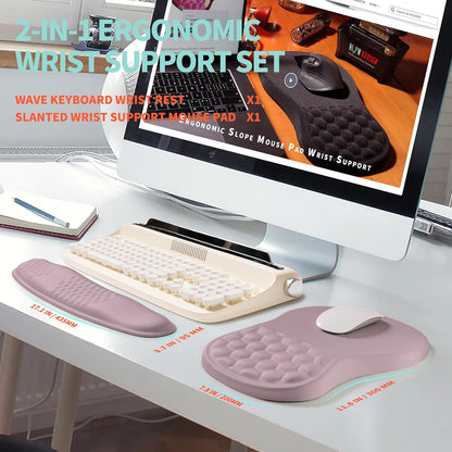 2-in-1 Ergonomic Set, Wave Rise Keyboard Wrist Rest and Massage Bulge Slope Mouse Pad Wrist Support, Cushion Memory Foam Integrated to Relieve Wrist Pain, Purple