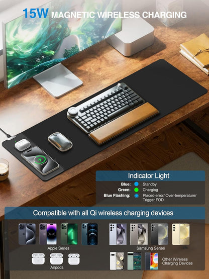 TopMade Mouse Pad with 15W Fast Wireless Charging, 31.5"x11.81" XL Large Gaming Mousepad, Waterproof Desk Pad, Classic Black Computer Desk Mat(Includes 20W PD Power Adapter & 6.56ft Woven Cable)