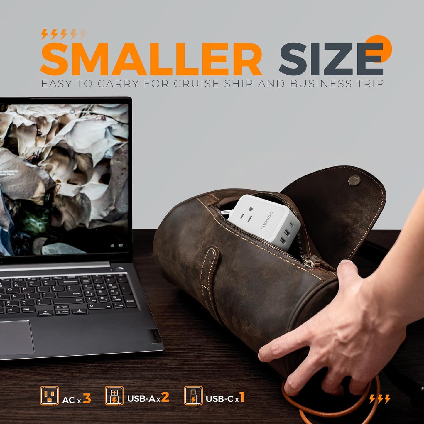 Short Flat Extension Cord, TESSAN Small Power Strip with 3 USB Port (1 USB C), 3 Outlets Small Charging Station, 3 ft Slim Plug for Cruise Travel Office School Dorm Room Essentials