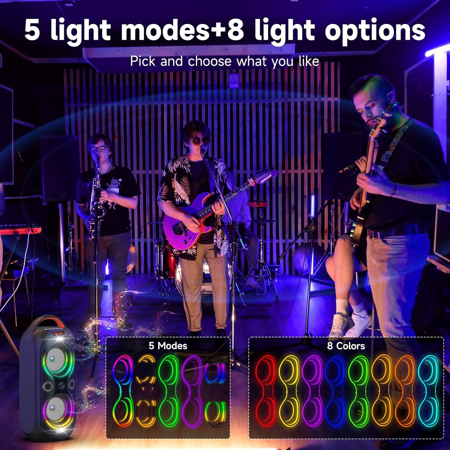 Portable Bluetooth Speaker 120dB Loud with Beat-Sync LED Lights & Dual 4-inch Speakers – 5 RGB Modes + 8 Colors, Bluetooth 5.3, USB/TF/AUX/FM/Mic, TWS Pairing – for Outdoor, Party, Camping & Beach