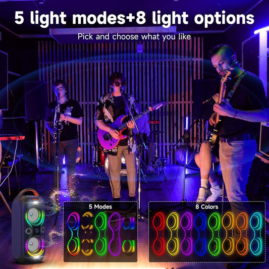 Portable Bluetooth Speaker 120dB Loud with Beat-Sync LED Lights & Dual 4-inch Speakers – 5 RGB Modes + 8 Colors, Bluetooth 5.3, USB/TF/AUX/FM/Mic, TWS Pairing – for Outdoor, Party, Camping & Beach