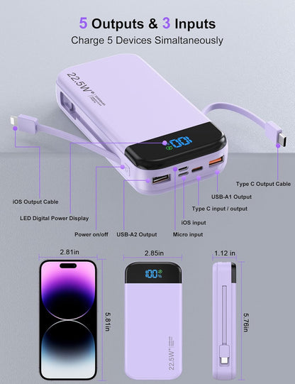 Portable Charger Power Bank 32000mAh with Built in Cables, PD3.0 USB C Fast Phone Charger, 5 Outputs LCD Display Travel Battery Pack Compatible with iPhone, Samsung All Cell Phones (Purple)