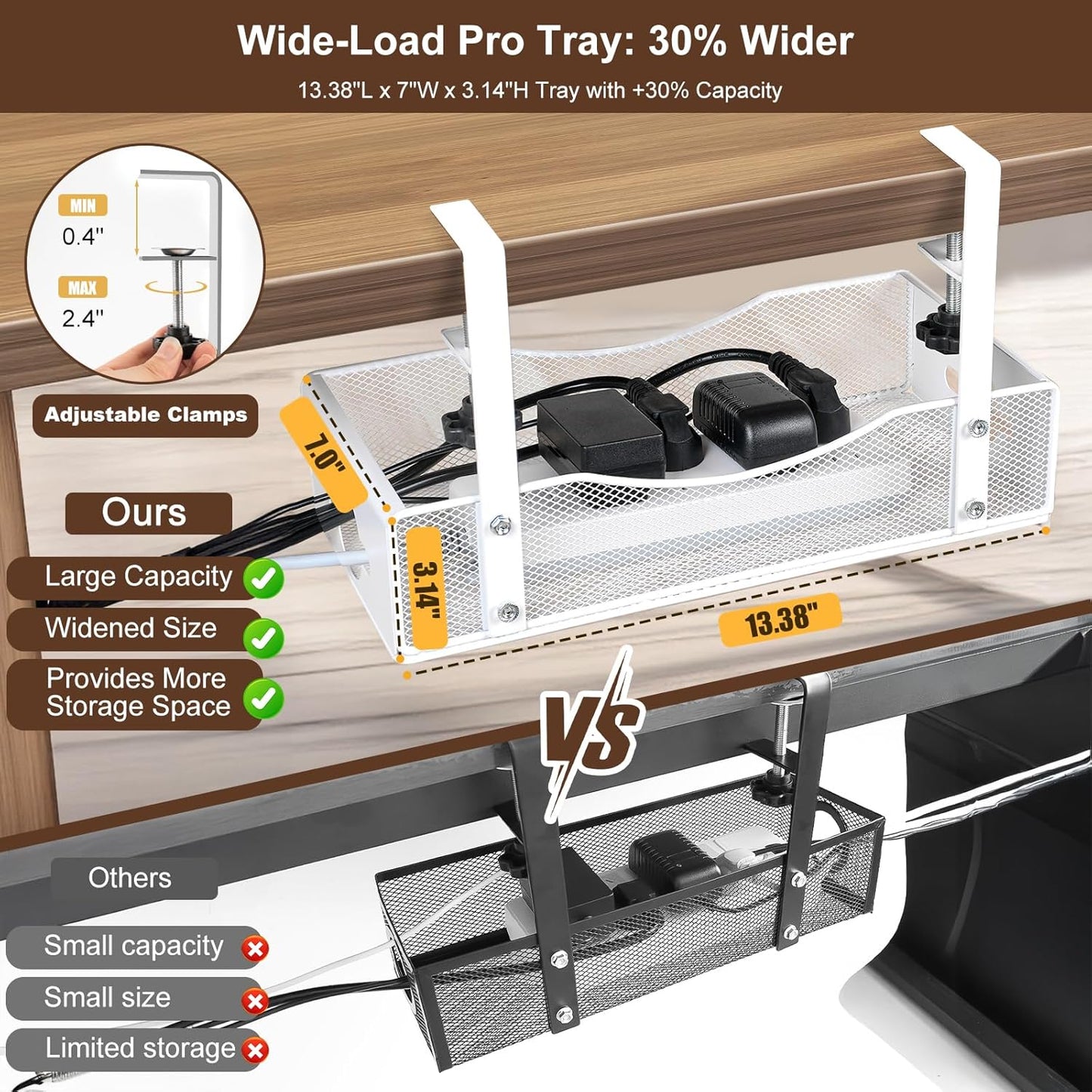 Extra Wide Under Desk Cable Management - No Drill Installation Cable Management Tray, Modern Cord Organizer for Office/Home Desk, Fits Power Strips & Wires((White, XL)