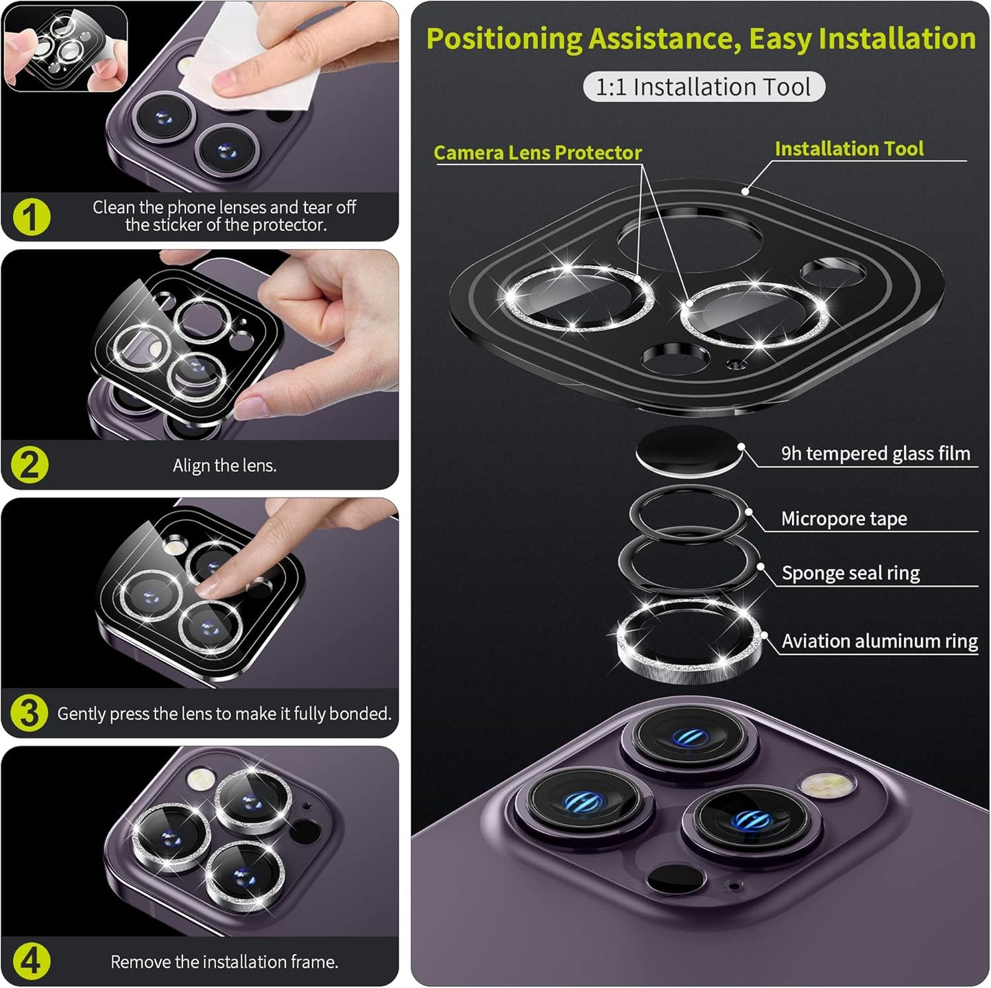 WSKEN for iPhone 14 Pro/iPhone 14 Pro Max Camera Lens Protector,[Night Shooting Mode] HD Tempered Metal Glass Camera Screen Protector Cover Film Accessories, Glitter