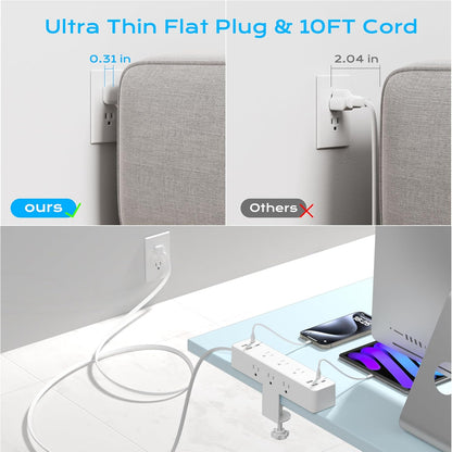Flat Plug Desk Clamp Power Strip 10FT, 40W Total Fast Charging Station, 2 PD20W USB C Ports, Desk Edge Mount Power Strip 9 AC Outlets 8 USB Ports Surge Protector, Fit 1.7" Tabletop Edge, White