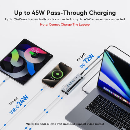Powered USB C Hub, PULWTOP 9-in-1 USB-Hub suppprt 10Gbps & PD 45W Max Charging(Not Support Video), USB Powered Hub with 3 USB-C, 4 USB-A for Laptop, MacBook, iPad and More (72W Adapter Included)