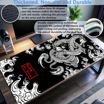 Black and White Mouse Pad Extra Large Gaming Mousepad XL Dragon Desk Mats Japanese Full Desk Keyboard Mat Computer Pad Desk Matt with Stitched Edges Non-Slip Desktop Mat 31.5 x15.7 in