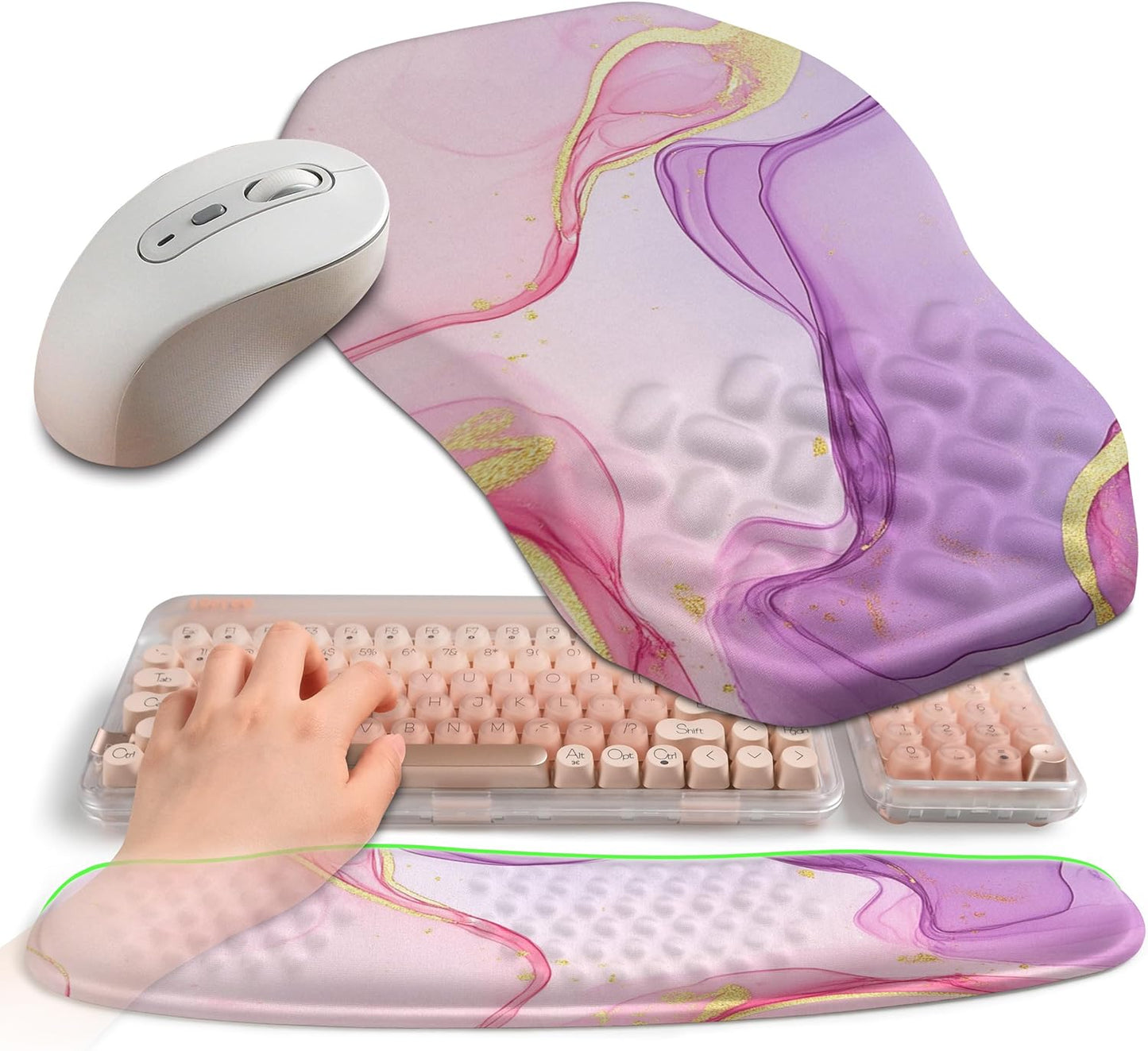 2-in-1 Ergonomic Set, Wave Keyboard Wrist Rest and Massage Slope Mouse Pad Wrist Support, Rebound Memory Foam for Relieve Carpal Tunnel Syndrome and Wrist Pain (Pink Purple Marble)