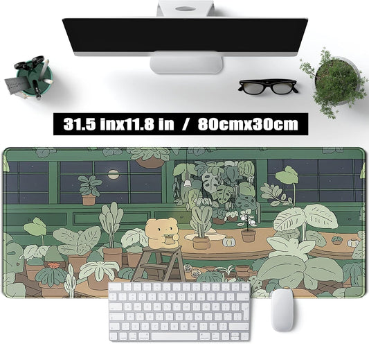Kawaii Bear XL Gaming Mouse Pad & Desk Mat - 31.5x11.8 in, Aesthetic Brown & Green Forest Keyboard Pad