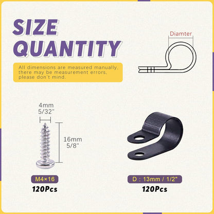 Swpeet 120 Pack Black 1/2 Inch Nylon Plastic R-Type Cable Clips Clamp Kit, Nylon Screw Mounting Cord Fastener Clips with 120 Pack Screws for Wire Management (1/2 Inch, Black)