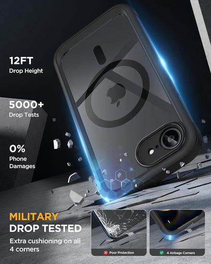 Miracase Magnetic for iPhone 16e Case Full-Body Phone with Built-in Glass Screen Protector, [Compatible with MagSafe] Military Drop Proof 16 E Cover Bumper 6.1 inch, Black
