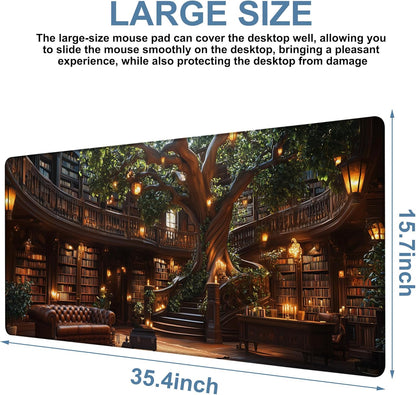 Large Mouse Pad Old Library Gaming Desk Pad Computer Keyboard Non-Slip Waterproof Mouse Mat with Rubber Base and Stitched Edges Entertainment Office Writing Desk Mat 35.4 x 15.7 Inches