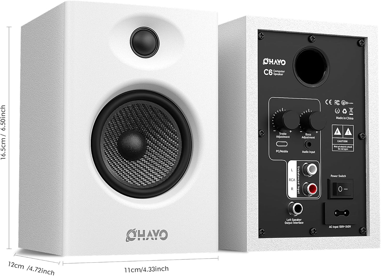 OHAYO 60W Computer Speakers for Gaming and Music, Active Bluetooth 5.3, Stereo 2.0 Speakers for Desktop PC Monitor or Laptop, Surround Sound Speaker, 3.5 mm Aux RCA Input, USB-Powered, 1 Pair, White