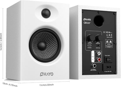 OHAYO 60W Computer Speakers for Gaming and Music, Active Bluetooth 5.3, Stereo 2.0 Speakers for Desktop PC Monitor or Laptop, Surround Sound Speaker, 3.5 mm Aux RCA Input, USB-Powered, 1 Pair, White