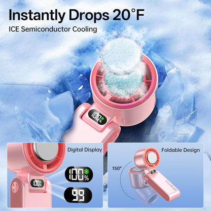 Handheld Portable Fan with Ice Cooler: 100-Speed 5500mAh Rechargeable Handheld Fan, 12H Time Hand Cooling Personal Fans with 20000 RPM Air Turbo Tech for Travel Outdoor (Pink)