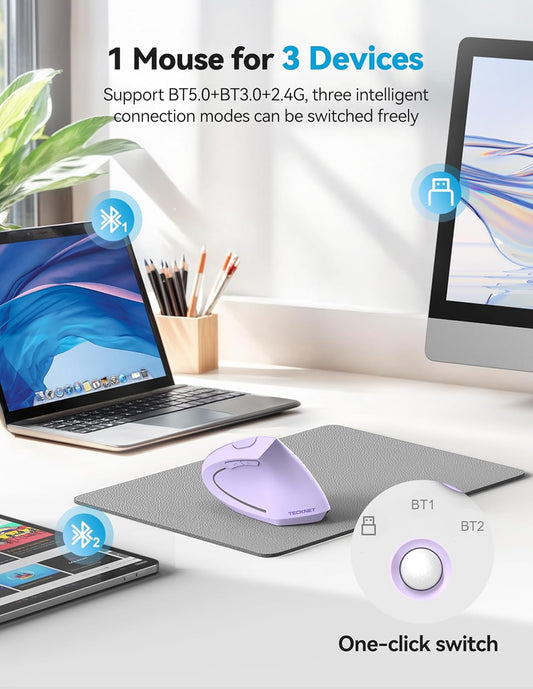 TECKNET Ergonomic Mouse, Rechargeable 2.4G+Bluetooth Vertical Mice 6 DPI Adjustable, Wireless Optical Carpal Tunnel Mouse for Right Hand, Silent 6 Buttons for Laptop, PC, MacBook, iPad - Light Purple