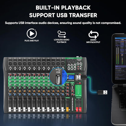 12 Channel Audio Mixer, Professional DJ Mixer Board Sound Music Mixing Console Digital Mixer with Reverb, Bluetooth, USB Port, 48V Phantom Power for Recording Karaoke Podcasting