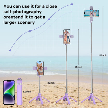 MQOUNY Mini iPhone Tripod Stand & Selfie Stick with Wireless Remote & Removable Light, Extendable Stand 360 Rotation Compatible with iPhone & Android Samsung (Purple)
