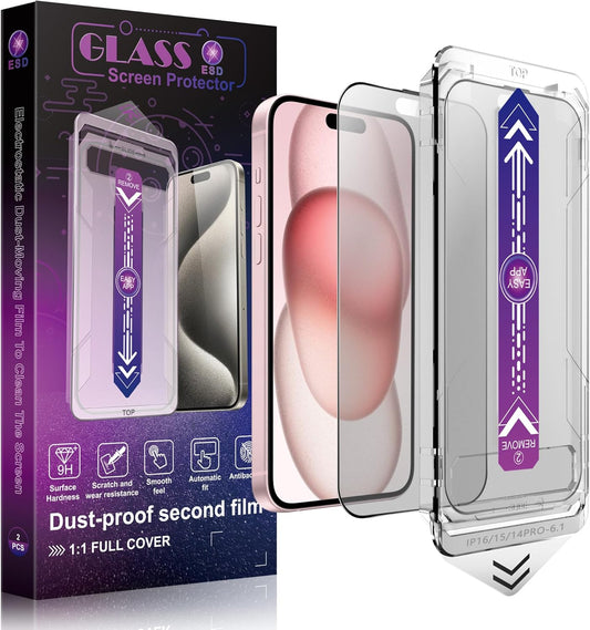 2 Pack Matte Screen Protector for iPhone 16 and 14 Pro 6.1-Inch Auto Dust Removal, No Bubbles, Tempered Glass Film, Easy Installation