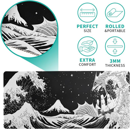 Black and White Japanese Wave Dragon Gaming Mouse Pad - Abstract Mat with Non-Slip Rubber Base, 31.5x11.8 Inch, Stitched Edges - Desk Pad for Office and Home