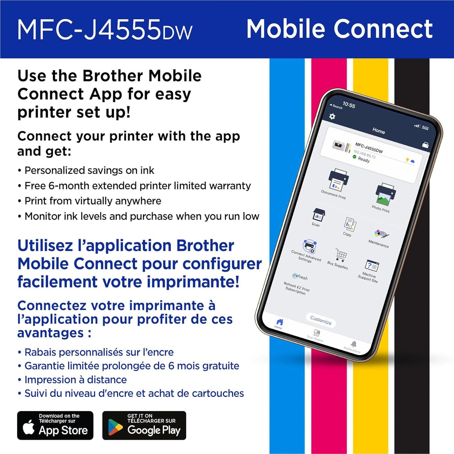 Brother INKvestment 4555 Wireless Color Inkjet All-in-One Printer with 2.7” Color Touchscreen and 2 Paper Trays | Includes Refresh Subscription Trial(1) (MFC-J4555DW)