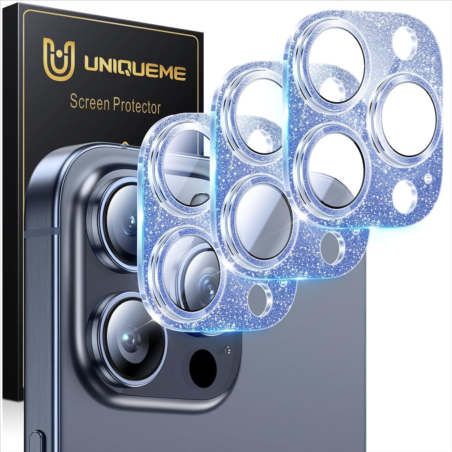 UniqueMe for 3 Pack iPhone 15 Pro/iPhone 15 Pro Max Camera Lens Protector, [Drop Protection] [Case Friendly] Camera Cover Screen [Update New Version] - Intergrated Glitter Blue