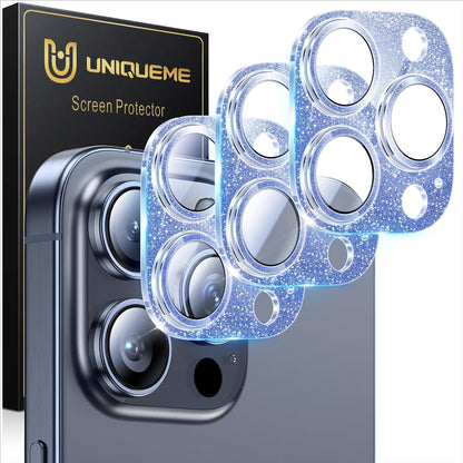 UniqueMe for 3 Pack iPhone 15 Pro/iPhone 15 Pro Max Camera Lens Protector, [Drop Protection] [Case Friendly] Camera Cover Screen [Update New Version] - Intergrated Glitter Blue