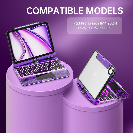 GUSGU Transparent Case with Wireless Keyboard only for 2024 iPad Pro 13-in.(M4), 7 Colors Backlight, Trackpad, 360°Rotating Stand for iPad Pro 13, Tech Style