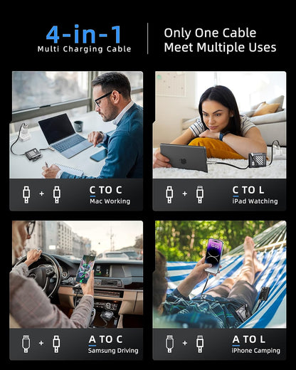 [ Retractable] 4-in-1 Compatible with USB C to Lightning Cable, 60W High-Speed Charging & Fast Data Transfer,CarPlay & Android Auto Support Multi Charger Cord Combo for iPhone/Samsung/iPad,3FT