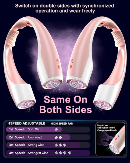 AI Neck Fan, 4 Speeds Adjustable Portable Personal Fan Rechargeable, 4000 mAh Battery Faster Cooling Wearable Fan, Ultra Quiet for Home, Office, Travel, Outdoor - PInk