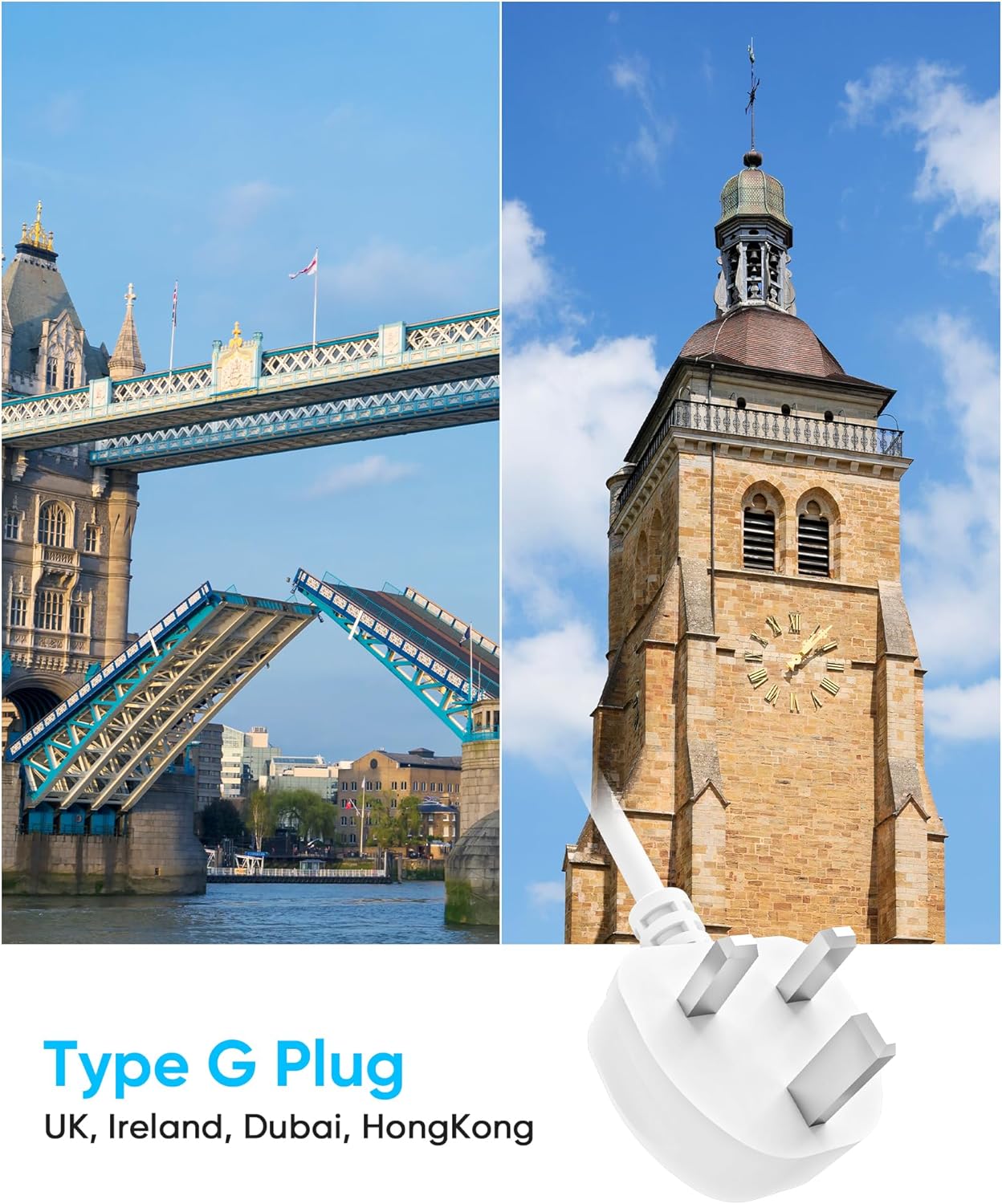 UK Travel Plug Adapter, Olcorife US to UK Ireland Type G Plug Adapter, International Power Strip with 8 Outlets and 4 USB(1 USB-C), 5 FT Cord for UK Ireland Dubai Hongkong