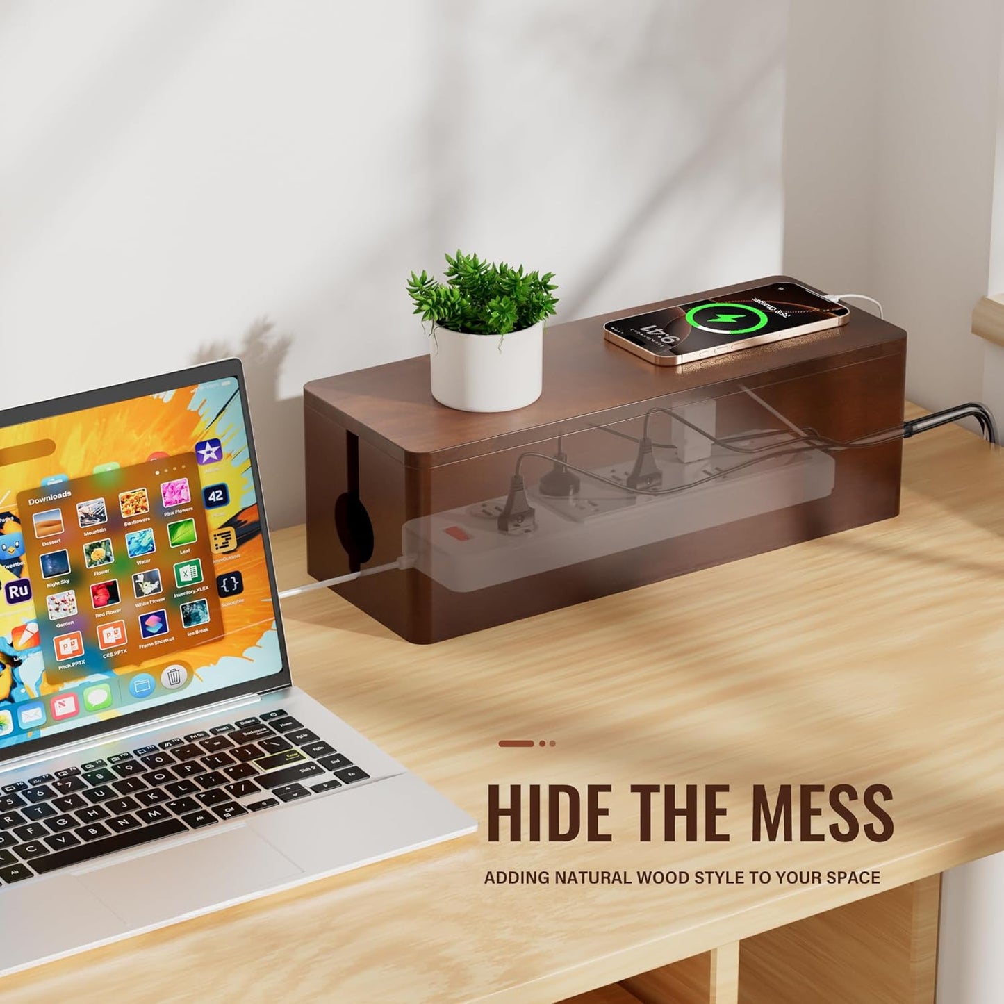 Cinati Large Cable Management Box, 15.8" Wooden Cable Organizer for Floor Wires Storage, Wall Mount Cord Hider Box for Electrical Cord Management, Power Strip Wire Organization for Desktop Home Office