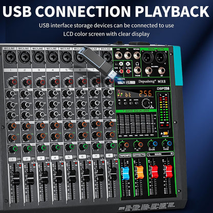 Depusheng MX8 8 Channel Sound Mixer Audio Mixing Console 48V 256DSP Professional USB PC Play Record Podcast Live Broadcast (US MX8)