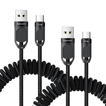 Coiled USB A to USB C 2Pack 3FT Braided Retractable Fast Charging Cable for Car, Compatible with iPhone 16/15 Pro Max/Galaxy S24/S23/S22, Supports Car Play & Android Auto-Black