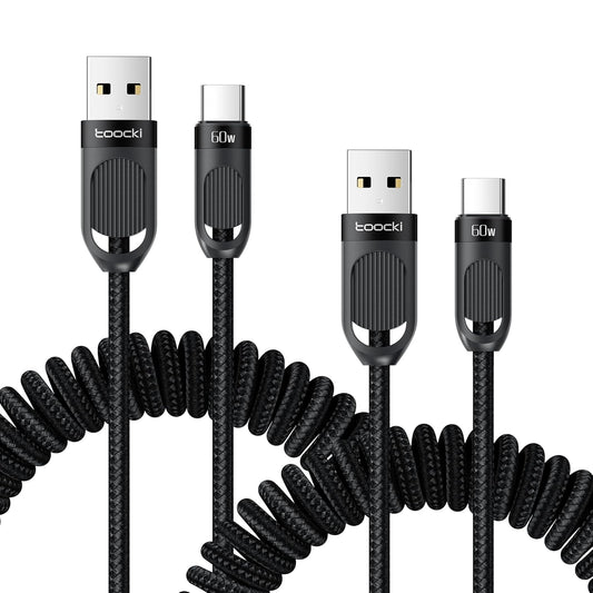 Coiled USB A to USB C 2Pack 3FT Braided Retractable Fast Charging Cable for Car, Compatible with iPhone 16/15 Pro Max/Galaxy S24/S23/S22, Supports Car Play & Android Auto-Black