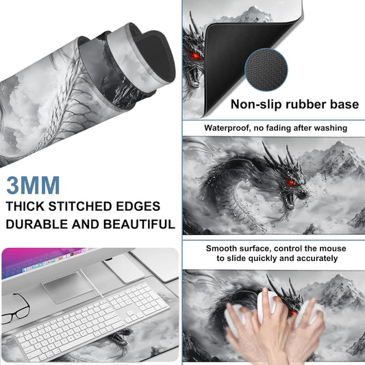 Large Mouse Pad Chinese Dragon Gaming Desk Pad Computer Keyboard Non-Slip Waterproof Mouse Mat with Rubber Base and Stitched Edges Entertainment Office Writing Desk Mat 35.4 x 15.7 Inches