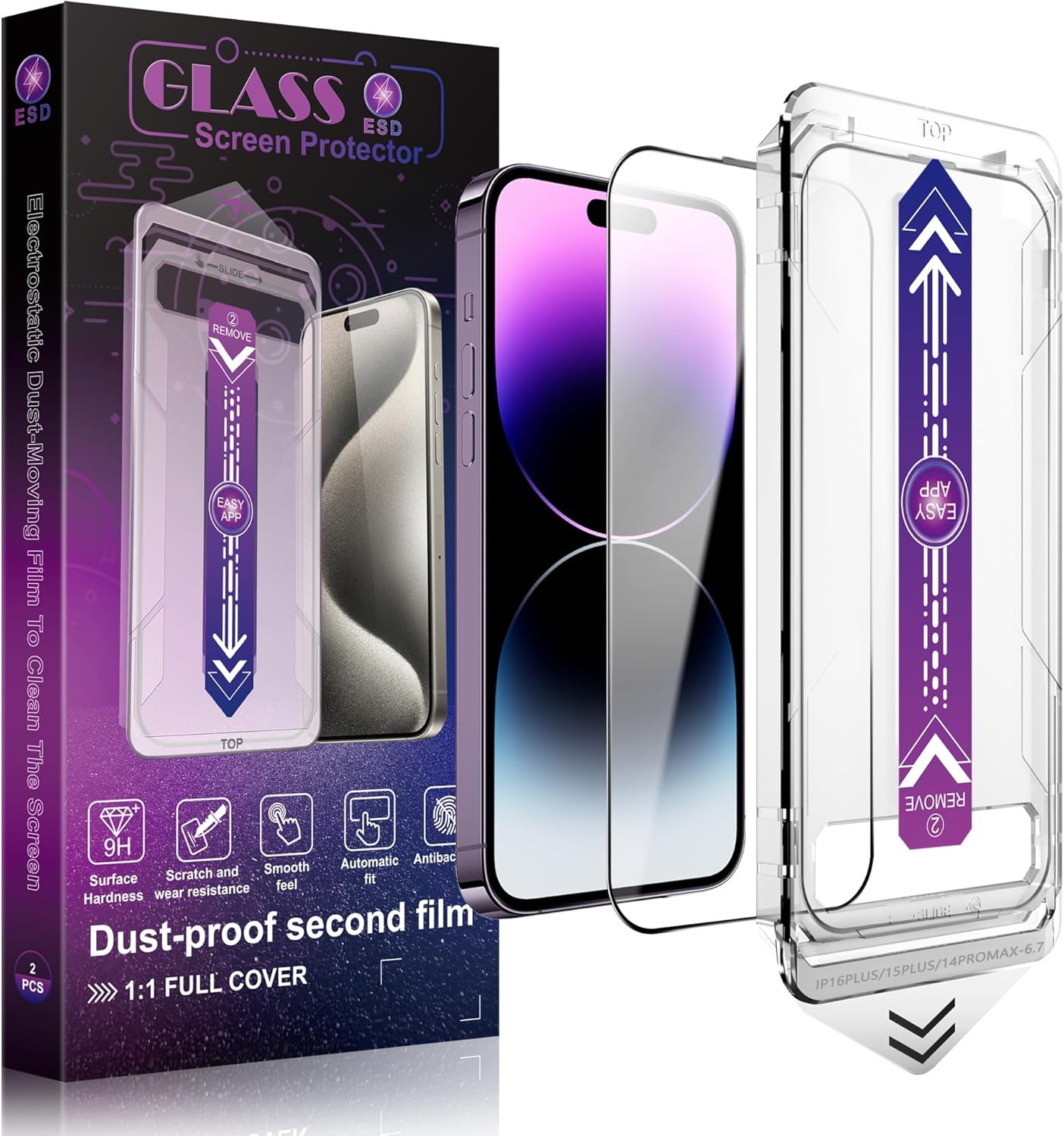 2 Pack Screen Protector Tempered Glass for iPhone 16 Plus and iPhone15 Plus and iPhone 14 Pro Max 6.7-Inch Auto Dust Removal, No Bubbles, High Definition Clear, Easy Installation