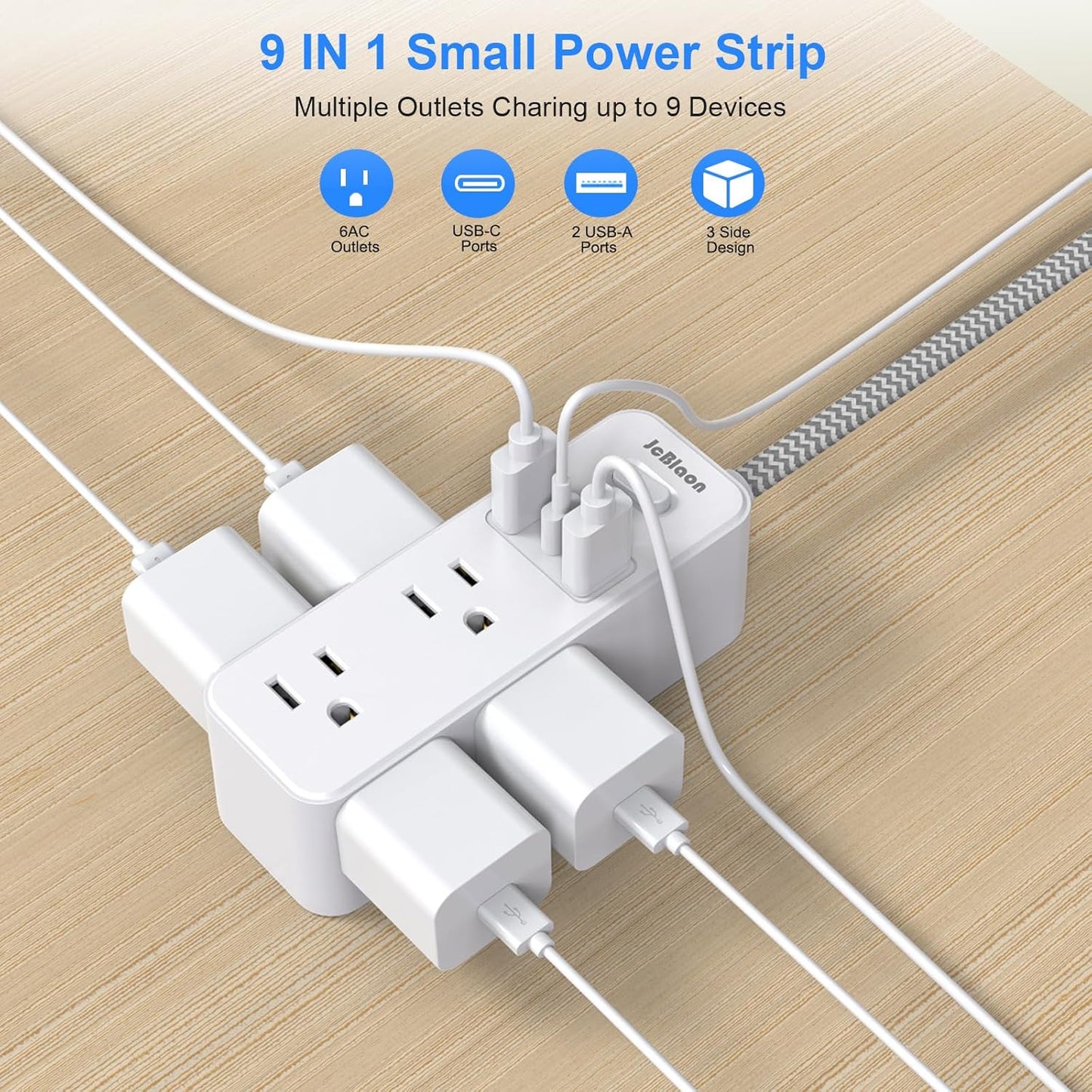 Power Strip Surge Protector, 5Ft Flat Plug Extension Cord with Multiple Outlets, 6 Outlets with 3 USB Ports(1 USB C), 3-Side Outlet Extender, Wall Mount, Compact for Travel, Home, College Dorm Room