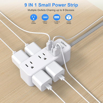 Power Strip Surge Protector, 5Ft Flat Plug Extension Cord with Multiple Outlets, 6 Outlets with 3 USB Ports(1 USB C), 3-Side Outlet Extender, Wall Mount, Compact for Travel, Home, College Dorm Room