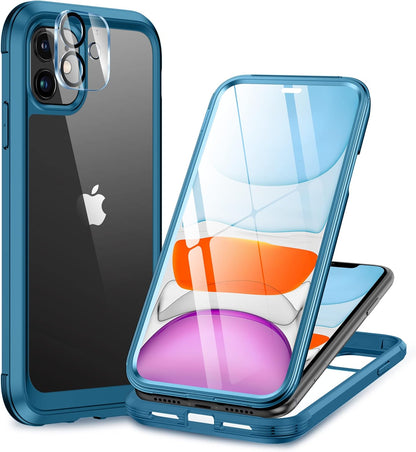 Miracase Glass Series for iPhone 11 Case 6.1 inch, Upgraded Full-Body Rugged Phone Bumper Case Cover with Built-in 9H Tempered Glass Screen Protector and Camera Protector, Light Blue