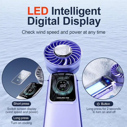 Blows Cold Air Portable Handheld Fan with Stand & Lanyard, 5000mAh USB-C Rechargeable Battery, 12H/5-Speed LED Display Mini Fan for Travel Beach Cruise Concerts Outdoor Events(Fantasy Purple)