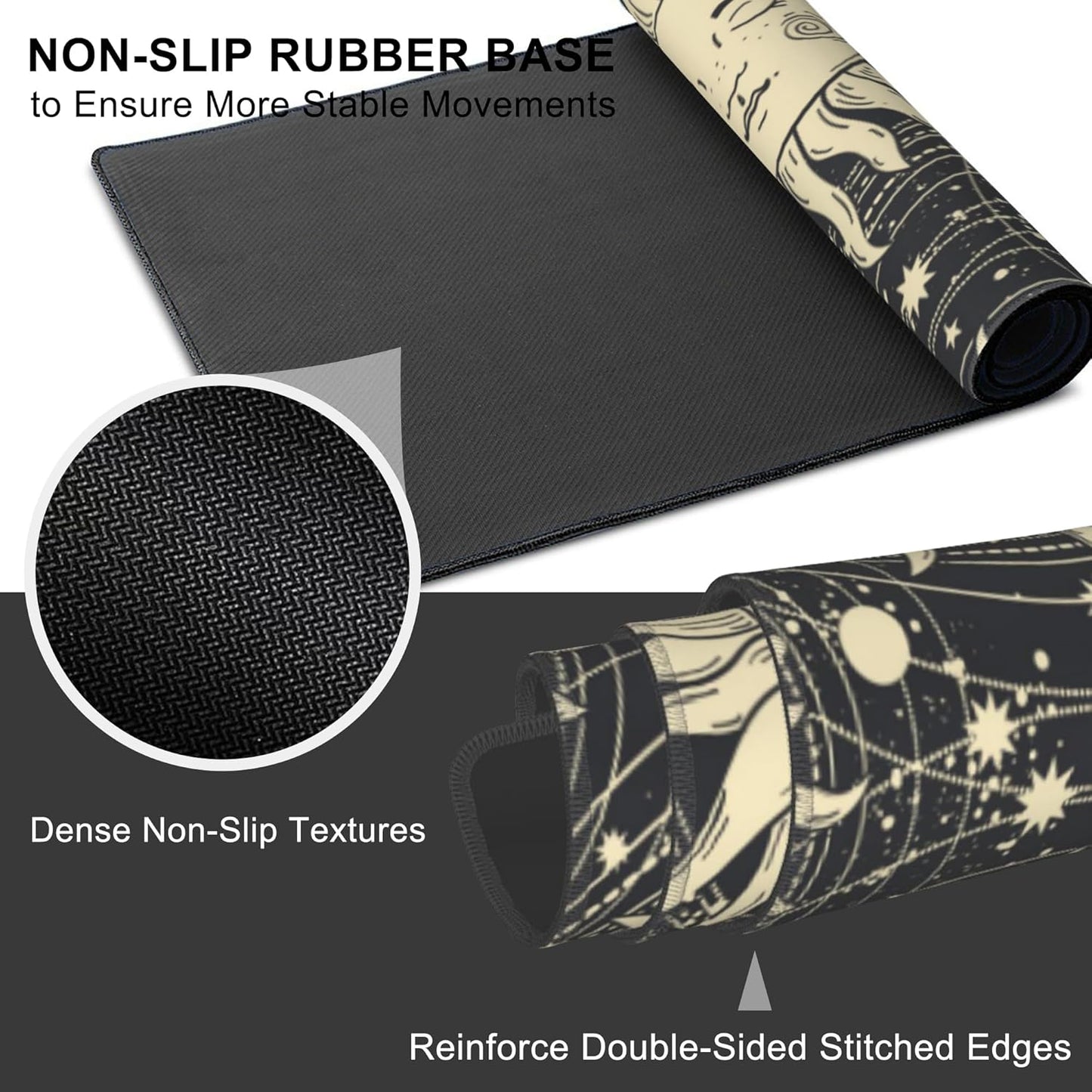 Mouse Pad, Large Golden Sun with a Face and Orbits Desk Mat, Extended Non-Slip Gaming Keyboard Mousepad Desk Pad, Thick Stitched Edges Waterproof Mouse Mat 31.5"x15.7" (Boho Pattern)