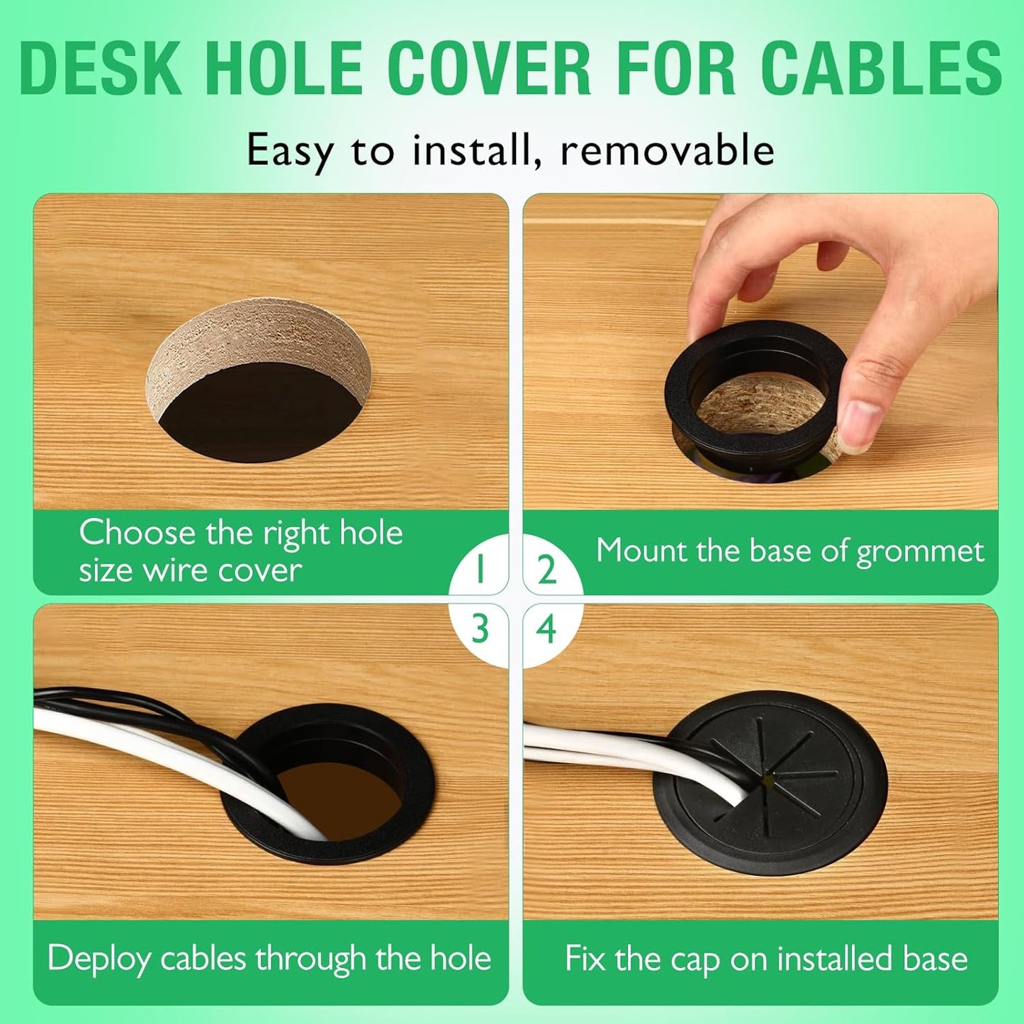 5 Pcs Desk Grommet 2" / 50 mm, Desk Hole Cover for Cables Black, Cable Grommet ABS Plastic, Desk Hole Grommet for Home & Office Pc, Detachable Cable Cord Organizer