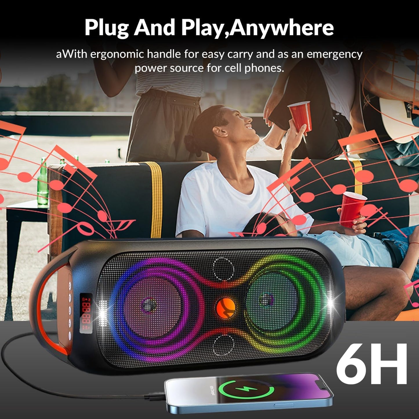 Portable Bluetooth Speaker with 120dB Loud Sound, Dynamic LED Lights, 5 RGB Modes, Bluetooth 5.3, USB/TF/AUX/FM/Mic Input/TWS, Built-in Handle, Party Speaker for Home, Outdoor, Party, Camping (RGB)