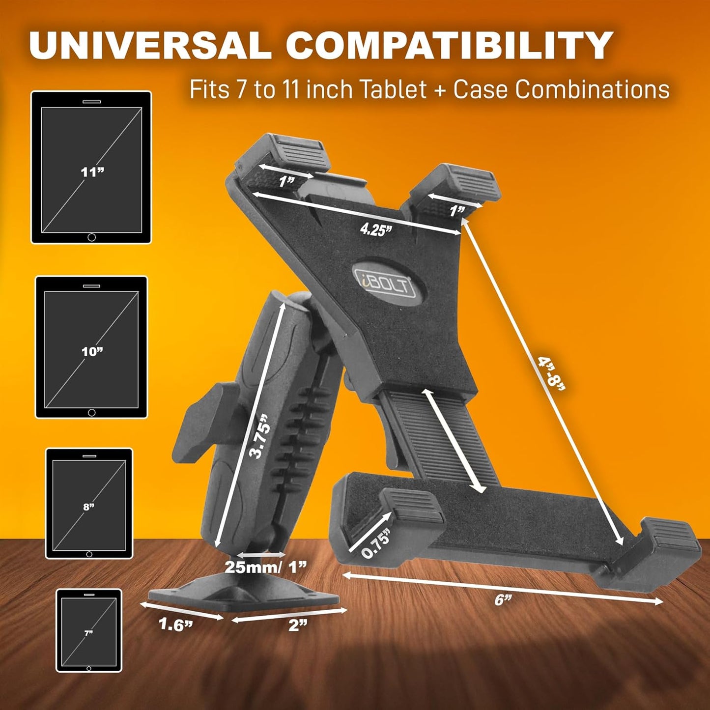 iBOLT TabDock Bizmount AMPs - Heavy Duty Drill Base Mount for All 7" - 10" Tablets- Great for Commercial Vehicles, Trucks, and Wall Mounting- Features 1 inch / 25mm Ball Joint